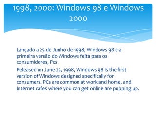 Lançado a 25 de Junho de 1998, Windows 98 é a primeira versão do Windows feita para os consumidores, PcsReleased on June 25, 1998, Windows 98 is the first version of Windows designed specifically for consumers. PCs are common at work and home, and Internet cafes where you can get online are popping up.1998, 2000: Windows 98 e Windows 2000