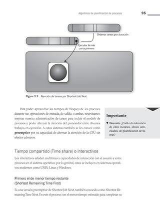Algoritmos de planificación de procesos 95
Para poder aprovechar los tiempos de bloqueo de los procesos
durante sus operaciones de entrada, de salida, o ambas, necesitamos
mejorar nuestra administración de tareas para incluir el modelo de
procesos y poder alternar la atención del procesador entre diversos
trabajos en ejecución. A estos sistemas también se les conoce como
preemptive por su capacidad de alternar la atención de la CPU sin
efectos adversos.
Tiempo compartido (Time share) o interactivos
Los interactivos añaden multitarea y capacidades de interacción con el usuario y entre
procesos en el sistema operativo; por lo general, estos se incluyen en sistemas operati­
vos modernos como UNIX, Linux y Windows.
Primero el de menor tiempo restante
(Shortest Remaining Time First)
Es una versión preemptive de Shortest Job Next, también conocido como Shortest Re­
mainingTime Next. En este el proceso con el menor tiempo estimado para completar su
Ordenar tareas por duración
Ejecutar la más
corta primero
Ordenar tareas por durac
Figura 3.3 Atención de tareas por Shortest Job Next.
Importante
♥ Docente. ¿Cuál es la relevancia
de estos modelos, ahora anti­
cuados, de planificación de ta­
reas?
03 Sistemas operativos cap 3.indd 95 9/29/15 11:48 AM
 