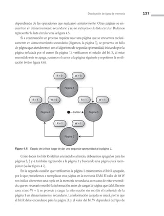 Distribución de tipos de memoria 137
Figura 4.6 Estado de la lista luego de dar una segunda oportunidad a la página 1.
R = 1 W = 1
Página 1
Página 2
Página 4 Página 5
R = 1 W = 0 R = 1 W = 1
Cursor
Cursor
R = 0 W = 0
R = 1 W = 1
Página 1
Página 2
Página 4 Página 5
R = 1 W = 0 R = 1 W = 1
Cursor
Cursor
dependiendo de las operaciones que realizaron anteriormente. Otras páginas se en­
cuentran en almacenamiento secundario y no se incluyen en la lista circular. Podemos
representar la lista circular con la figura 4.5.
Si a continuación un proceso requiere usar una página que se encuentra exclusi­
vamente en almacenamiento secundario (digamos, la página 3), se presenta un fallo
de página que atenderemos con el algoritmo de segunda oportunidad, iniciando por la
página señalada por el cursor (la página 1), verificamos el estado del bit R, al estar
encendido este se apaga, pasamos el cursor a la página siguiente y repetimos la verifi­
cación (veáse figura 4.6).
Como todos los bits R estaban encendidos al inicio, deberemos apagarlos para las
páginas 5, 2 y 4, también regresando a la página 1 y buscando una página para reem­
plazar (veáse figura 4.7).
En la segunda ocasión que verificamos la página 1 encontramos el bit R apagado,
por lo que procedemos a reemplazar esta página en la memoria RAM. El valor de bit W
nos indica si tenemos una copia en la memoria secundaria, o en caso de estar encendi­
do, que es necesario escribir la información antes de cargar la página que falló. En este
caso, como W = 0, se procede a cargar la información sin escribir el contenido de la
página 1 en almacenamiento secundario. La información cargada se usará, por lo que
el bit R debe encenderse para la página 3, y el valor del bit W dependerá del tipo de
04 Sistemas operativos cap 4.indd 137 9/29/15 2:32 PM
 