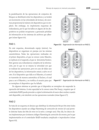 Manejo de espacio en memoria secundaria 225
la paralelización de las operaciones de conjuntos de
bloques se distribuirá entre los dispositivos y se tendrá
un incremento en las velocidades de lectura y de escri­
tura proporcional al número de dispositivos que se em­
pleen. Sin embargo, no implementa esquemas de
redundancia, por lo que los fallos en alguno de los dis­
positivos no podrán recuperarse y generarán pérdidas
de información en los sis­
temas de archivos que alber­
gan (véase figura 6.6).
RAID 1
En este esquema, denominado espejo (mirror), los
dispositivos se organizan en pa­
rejas con las mismas
características. Todas las operaciones realizadas en
el primer dispositivo, al que se conoce como Maestro,
se replican en el segundo, al que se denomina Esclavo.
Esto genera una redundancia completa de la informa­
ción, por lo que no se mejora la velocidad con que
se realizan las operaciones, pero en caso de fallar uno
de los dispositivos, la información estará a salvo en el
otro. Si el dispositivo que falla es el Maestro, el control
se transmite de manera automática al Esclavo, el cual
pasa a ser el Maestro, y se notifica al usuario para que
se reemplace el dispositivo que ha fallado.
En algunos sistemas se permite que el dispositivo se reemplace sin suspender la
operación del sistema. A esta capacidad se le conoce como Hot Swap y requiere que el
controlador RAID pueda proceder a copiar la información al nuevo disco esclavo cuando
esté disponible y sin interferir con las operaciones normales (véase figura 6.7).
RAID 2
Se trata de un esquema en desuso que distribuye la información bit por bit entre todos
los dispositivos usando un código Hamming de corrección de errores (el cual permi­
te detectar hasta dos bits de error en la serie y corregir uno). Hoy día, los discos du­
ros implementan por sí mismos códigos Hamming de corrección de errores, por lo que
implementarlos en el controlador RAID resultaría complicado e improductivo (véase
figura 6.8).
Figura 6.7 Organización de información en RAID 1.
A4
A3
A2
Disco 0 Disco 1
RAID 1
A1
A4
A3
A2
A1
A7
A5
A3
Disco 0 Disco 1
RAID 0
A1
A8
A6
A4
A2
Figura 6.6 Organización de información en RAID 0.
06 Sistemas operativos cap 6.indd 225 9/29/15 1:33 PM
 