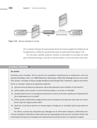 262 Capítulo 7 Sistemas distribuidos
de lo contrario el tiempo de espera puede afectar de manera negativa el rendimiento de
las aplicaciones y el flujo de uso del sistema para el usuario final (véase figura 7.10).
Por otra parte, también podemos manejar el intercambio de mensajes de modo
que la información llegue a más de un sistema destino. Una de las formas más comu­
Cliente 1 Cliente 2
Fila
Consume
Reconocimiento
Mensaje
Envía
Consume
Mensaje
Figura 7.10 Flujo de mensajes en una fila.
actividad propuesta }
En acción
Enviemos unos mensajes. Toma el servicio de mensajería instantánea de tu preferencia, como por
ejemplo WhatsApp, Viber, Line, BBM (Blackberry Messenger), SMS (Shot Message Service con su telé-
fono celular), mensajes en Skype, Google Hangouts (antes Google Talk), Facebook, o alguna otra similar.
Envía un mensaje y observa los siguientes aspectos:
1. ¿Qué servicios de telecomunicaciones utiliza esta aplicación para transferir la información?
2. ¿Cómo sabes, como usuario, en qué momento puedes o no enviar un mensaje?
3. ¿Puedes determinar si el mensaje se transmitió con éxito? ¿Si ha sido recibido por el destinatario?
¿Si el destinatario ya lo ha leído?
4. ¿Cómo puede el destinatario asegurarse de que el mensaje fue enviado por quien dice ser el remi-
tente? ¿Qué tan seguro puede estar?
5. ¿Qué tan a menudo se demora un tiempo largo la entrega de un mensaje? ¿Qué causa estas de-
moras?
Por último, compara las respuestas que obtengas con la información respecto a diferentes servi-
cios de mensajería instantánea. Observarás que las capacidades varían pero se mantienen fieles a los
lineamientos del paso de mensajes entre aplicaciones de donde tomaron su inspiración original.
07 Sistemas operativos cap 7.indd 262 9/29/15 12:03 PM
 