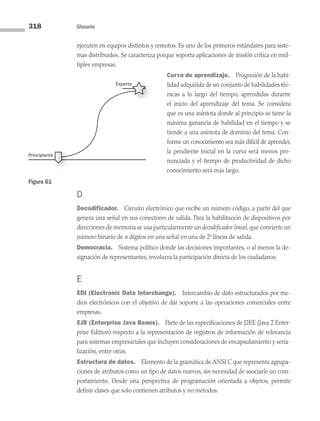 318 Glosario
ejecuten en equipos distintos y remotos. Es uno de los primeros estándares para siste-
mas distribuidos. Se caracteriza porque soporta aplicaciones de misión crítica en múl-
tiples empresas.
Curva de aprendizaje. Progresión de la habi-
lidad adquirida de un conjunto de habilidades téc-
nicas a lo largo del tiempo, aprendidas durante
el inicio del aprendizaje del tema. Se considera
que es una asíntota donde al principio se tiene la
máxima ganancia de habilidad en el tiempo y se
tiende a una asíntota de dominio del tema. Con-
forme un conocimiento sea más difícil de aprender,
la pendiente inicial en la curva será menos pro-
nunciada y el tiempo de productividad de dicho
conocimiento será más largo.
D
Decodificador. Circuito electrónico que recibe un número código, a partir del que
genera una señal en sus conectores de salida. Para la habilitación de dispositivos por
direcciones de memoria se usa particularmente un decodificador lineal, que convierte un
número binario de n dígitos en una señal en una de 2n
líneas de salida.
Democracia. Sistema político donde las decisiones importantes, o al menos la de-
signación de representantes, involucra la participación directa de los ciudadanos.
E
EDI (Electronic Data Interchange). Intercambio de dato estructurados por me-
dios electrónicos con el objetivo de dar soporte a las operaciones comerciales entre
empresas.
EJB (Enterprise Java Beans). Parte de las especificaciones de J2EE (Java 2 Enter-
prise Edition) respecto a la representación de registros de información de relevancia
para sistemas empresariales que incluyen consideraciones de encapsulamiento y seria-
lización, entre otras.
Estructura de datos. Elemento de la gramática de ANSI C que representa agrupa-
ciones de atributos como un tipo de datos nuevos, sin necesidad de asociarle un com-
portamiento. Desde una perspectiva de programación orientada a objetos, permite
definir clases que solo contienen atributos y no métodos.
Experto
rto
Principiante
Figura G1
09 Sistemas operativos Glosario.indd 318 9/29/15 1:30 PM
 
