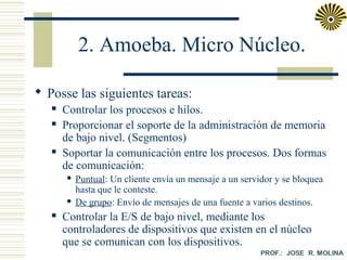 2. Amoeba. Micro Núcleo.
 Posse las siguientes tareas:





Controlar los procesos e hilos.
Proporcionar el soporte de la administración de memoria
de bajo nivel. (Segmentos)
Soportar la comunicación entre los procesos. Dos formas
de comunicación:
Puntual: Un cliente envía un mensaje a un servidor y se bloquea
hasta que le conteste.
 De grupo: Envío de mensajes de una fuente a varios destinos.




Controlar la E/S de bajo nivel, mediante los
controladores de dispositivos que existen en el núcleo
que se comunican con los dispositivos.

 
