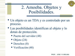 2. Amoeba. Objetos y
Posibilidades.
 Un objeto es un TDA y es controlado por un
proceso.
 Las posibilidades identifican al objeto y lo
dotan de protección.





Puerto del servidor (48)
Objeto (24)
Derechos (8)
Verificación (48)

 