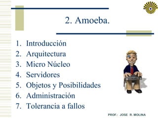 2. Amoeba.
1.
2.
3.
4.
5.
6.
7.

Introducción
Arquitectura
Micro Núcleo
Servidores
Objetos y Posibilidades
Administración
Tolerancia a fallos

 