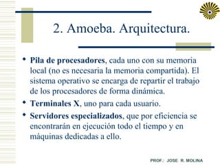 2. Amoeba. Arquitectura.
 Pila de procesadores, cada uno con su memoria
local (no es necesaria la memoria compartida). El
sistema operativo se encarga de repartir el trabajo
de los procesadores de forma dinámica.
 Terminales X, uno para cada usuario.
 Servidores especializados, que por eficiencia se
encontrarán en ejecución todo el tiempo y en
máquinas dedicadas a ello.

 