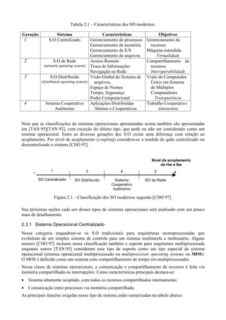 Tabela 2.1 – Características dos SO modernos.
 £)£)'$
2 10 (%                    BA9#753
                           ( @ %8 64                       £AG9HG))9)£)£DC
                                                          6 ( E48 6F  %8 E (  (                         £5XW9AT©QI
                                                                                                         ` Y VUSR P
    1º               S.O Centralizado           Gerenciamento de processos                    Gerenciamento de
                                                Gerenciamento de memória                       recursos
                                                Gerenciamento de E/S                          Máquina estendida
                                                                                                         £££G7££G#7ca
                                                                                                        p i g ibh g fe db
                                                Gerenciamento de arquivos
    2º                   S.O de Rede            Acesso Remoto                                 Compartilhamento de
                  (network operating system) Troca de Informações                              recursos
                                                                                                  £££G7G££#Ax#)G£#q
                                                                                                 t ƒ y ƒ‚ € y u t w v u ts r
                                                Navegação na Rede
    3º                 S.O Distribuído          Visão Global do Sistema de                    Visão de Computador
                 (distributed operating system)   arquivos,                                     Único em Sistema
                                                Espaço de Nomes                                 de Múltiplos
                                                Tempo, Segurança                                Computadores
                                                                                                    7)£)#£§A£H5„
                                                                                                    †’ ‘ ‡  … † ‰ˆ ‡ † …
                                                Poder Computacional
    4º             Sistema Cooperativo Aplicações Distribuídas                                Trabalho Cooperativo
                                                                                                        7e£££7£•“
                                                                                                        fd ™ — ˜ —– ”
                          Autônomo                Abertas e Cooperativas


Note que as classificações de sistemas operacionais apresentadas acima também são apresentadas
em [TAN 95][TAN 92], com exceção do último tipo, que pode ou não ser considerado como um
sistema operacional. Entre as diversas gerações dos S.O existe uma diferença com relação ao
acoplamento. Por nível de acoplamento (         ) considera-se a medida de quão centralizado ou
                                                       A7Gx£'g
                                                      n mlk j i h
descentralizado o sistema [CHO 97].

                                                                                                  uww{ £uu•zywusrqo
                                                                                                  }ƒ ‚ t € v ~ } | { t x v t p
                                                                                                           c‡ †qwx
                                                                                                          … t … „ t
           ‰          1                        3                         4                          2         ˆ
               SO Centralizado           SO Distribuído               Sistema               SO de Rede
                                                                    Cooperativo
                                                                     Autônomo

                          Figura 2.1 – Classificação dos SO modernos segundo [CHO 97].

Nas próximas seções cada um desses tipos de sistemas operacionais será analisado com um pouco
mais de detalhamento.

2.3.1 Sistema Operacional Centralizado
Nessa categoria enquadram-se os S.O tradicionais para arquiteturas monoprocessadas que
evoluíram de um simples sistema de controle para um sistema multitarefa e multiusário. Alguns
autores [CHO 97] incluem nessa classificação também o suporte para arquitetura multiprocessada
enquanto outros [TAN 95] consideram esse tipo de suporte como um tipo especial de sistema
operacional (sistema operacional multiprocessado ou                                 ou       ).
                                                                           AGuœ›™AGG£H)x•£u#x)£# 7G£DŠ
                                                                          ” Š “ ” š” ˜ —Ž –  “  ‘  ‘ ” ” “ ’ ‘  ŽŒ ‹       Q ž
                                                                                                                                 ¡ Ÿ
O MOS é definido como um sistema com compartilhamento de tempo em multiprocessador.
Nessa classe de sistemas operacionais, a comunicação e compartilhamento de recursos é feita via
memória compartilhada ou interrupções. Como características principais destaca-se:
•        Sistema altamente acoplado, com todos os recursos compartilhados internamente;
•        Comunicação entre processos via memória compartilhada.
As principais funções exigidas nesse tipo de sistema estão sumarizadas na tabela abaixo.
 