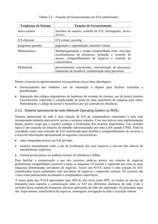Tabela 2.2 – Funções de Gerenciamento em S.O centralizados.

       BA9#75°­£7))£G£¤¢
      ª ³ ²± «¥ ¯ ® ¬ « ª¥ © ¨ § ¦¥ £                      §5ABœGA5A)'º¹­A£)5´
                                                           ®± ¨ ² ³ ª¥ © ¨ ² » ² ¸ ² ¬ « ² · ¶ ¨ µ
    único usuário                       interface de usuário, controle de E/S, interrupções,                     '7)'£¼
                                                                                                                ½ À¿ ¾ ½
                                        ›))GH£¼
                                        ÂÁ ½ ¾¿ Á
    E/S eficiente                       E/S virtual,    AG7££§Ã
                                                       É ÈÇÆ Å Å Ä
    programas grandes                   paginação e segmentação, memória virtual
    Multiusuários                       Multiprogramação e tempo compartilhado (         ),           AG#££uÏDG7Ê
                                                                                                     Ô ÓË Ò Ñ Ð Î Í ÌË
                                        escalonamento de processos, proteção e controle de
                                        acesso, compartilhamento de arquivos e controle de
                                        concorrência
    Multitarefa                         processamento concorrente, sincronização de processos,
                                        tratamento de       , comunicação entre processos
                                                           )œ7££)£Õ
                                                          Û Ú ÙØ Õ × Ö

Dentre os possíveis aprimoramentos na arquitetura cita-se duas abordagens:
•    Gerenciamento dos módulos: uso de orientação a objetos para facilitar extensões e
     portabilidade;
•    Separação dos códigos dependentes de hardware do restante do sistema: uso de kernel mínimo
     (microkernel), reduzindo a complexidade do porte de uma arquitetura de máquina para outro.
     Normalmente o código do kernel é monolítico por ser centrado na eficiência.

2.3.2 Sistema operacional de rede (                  G££ìXéGç9¥™9àDÜ
                                                    ï ÝÞ î í ë ê èÞ æâ Ý å ä ãâ á ßÞ Ý       ou NOS)
Sistema operacional de rede é uma coleção de S.O de computadores conectados a uma rede
incorporando módulos para prover acesso a recursos remotos. Com isso tem-se uma implementação
barata, porém, exige que o usuário conheça a localização dos recursos requisitados. Um exemplo
típico é um conjunto de estações de trabalho interconectados por uma LAN usando UNIX. Pode-se
considerar como uma extensão do S.O centralizado para facilitar o compartilhamento de recursos e
a troca de informações apresentando as seguintes características:
•    cada computador possui seu S.O privado;
•    usuários normalmente estão a par da localização dos seus arquivos e movem eles através de
     transferências explícitas;
•    sistema possui pouco ou nenhum recurso de tolerância a falhas.
Para facilitar a comunicação e uso dos recursos, pode-se prover um sistema de arquivos
globalmente compartilhado acessível a todas as máquinas. O sistema é suportado por uma ou mais
máquinas denominadas servidores de arquivos. Assim um N.O.S. típico é uma coleção de S.O.
centralizados locais juntamente com servidores de arquivos e impressão comuns. Os recursos são
vistos como pertencentes localmente a computadores específicos.
A maior parte dos N.O.S apresentam uma API de alto nível como RPC ou socket no serviço de
transporte para suportar a comunicação entre os S.O nos diferentes domínios da rede. Com a
inclusão dessa camada de transporte, diversas aplicações de rede são suportadas. Os principais tipos
são: login remoto, transferência de arquivos, mensagens, navegação na rede e execução remota.
 