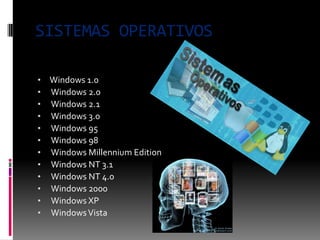 SISTEMAS OPERATIVOS
• Windows 1.0
• Windows 2.0
• Windows 2.1
• Windows 3.0
• Windows 95
• Windows 98
• Windows Millennium Edition
• Windows NT 3.1
• Windows NT 4.0
• Windows 2000
• Windows XP
• WindowsVista
 