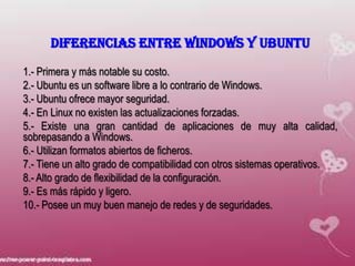 DIFERENCIAS ENTRE WINDOWS Y UBUNTU
1.- Primera y más notable su costo.
2.- Ubuntu es un software libre a lo contrario de Windows.
3.- Ubuntu ofrece mayor seguridad.
4.- En Linux no existen las actualizaciones forzadas.
5.- Existe una gran cantidad de aplicaciones de muy alta calidad,
sobrepasando a Windows.
6.- Utilizan formatos abiertos de ficheros.
7.- Tiene un alto grado de compatibilidad con otros sistemas operativos.
8.- Alto grado de flexibilidad de la configuración.
9.- Es más rápido y ligero.
10.- Posee un muy buen manejo de redes y de seguridades.

 