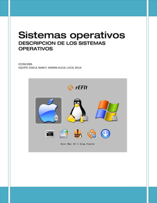 Sistemas operativos
DESCRIPCION DE LOS SISTEMAS
OPERATIVOS


07/09/2009
EQUIPO: GISELA, NANCY, SANDRA ALICIA, LUCIA, KEILA
 