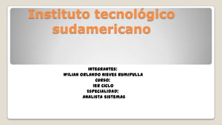 Instituto tecnológico
sudamericano
Integrantes:
Wilian Orlando Nieves Rumipulla
Curso:
1er Ciclo
Especialidad:
Analista Sistemas

 
