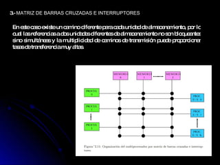 3.-  MATRIZ DE BARRAS CRUZADAS E INTERRUPTORES En este caso existe un camino diferente para cada unidad de almacenamiento, por lo cual las referencias a dos unidades diferentes de almacenamiento no son bloqueantes sino simultáneas y la multiplicidad de caminos de transmisión puede proporcionar tasas de transferencia muy altas. 