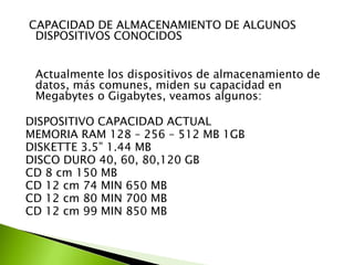 CAPACIDAD DE ALMACENAMIENTO DE ALGUNOS
DISPOSITIVOS CONOCIDOS
Actualmente los dispositivos de almacenamiento de
datos, más comunes, miden su capacidad en
Megabytes o Gigabytes, veamos algunos:
DISPOSITIVO CAPACIDAD ACTUAL
MEMORIA RAM 128 – 256 – 512 MB 1GB
DISKETTE 3.5” 1.44 MB
DISCO DURO 40, 60, 80,120 GB
CD 8 cm 150 MB
CD 12 cm 74 MIN 650 MB
CD 12 cm 80 MIN 700 MB
CD 12 cm 99 MIN 850 MB

 