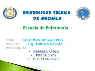 Universidad Técnica
de Machala

Tema:
SISTEMAS OPERATIVOS
Docente:
Ing. KARINA GARCIA
INTEGRANTES:
• Herrera Paola
• Pineda Cindy
• Tenezaca Jorge

 