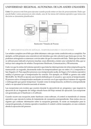 UNIVERSIDAD REGIONAL AUTONOMA DE LOS ANDES UNIANDES
Listo: Un proceso está listo para ejecutar cuando puede entrar en fase de procesamiento. Dado que
puede haber varios procesos en este estado, una de las tareas del sistema operativo que toma esta
decisión se denomina planificador.
 IMPLEMENTACIÓN DE SEÑALES, TEMPORIZADORES Y EXCEPCIONES
Las señales cumplen con el hilo que debe informar a otro que cierta condición está ya cumplida. Por
ejemplo, un hilo prepara una conexión en red mientras que otro calcula lo que tiene que enviar. No
podemos arriesgarnos a comenzar a enviar antes de que la conexión esté lista. Dado que las señales
se utilizan para indicarle al proceso muchas cosas diferentes, existen una variedad de ellas, que se
incluye tres categorías de señales: Excepciones Hardware, Comunicación y FIS asíncrona.
Cada vez que la rutina del sistema operativo que trata las interrupciones de reloj comprueba que ha
transcurrido un segundo, decrementa todos los temporizadores que no estén a 0 y comprueba si
han llegado a 0. Para aquellos procesos cuyo temporizador acaba de llegar a 0 el sistema operativo
notifica el proceso que el temporizador ha vencido. Por ejemplo, en POSIX se genera una señal
SIGALRN. En Win32 se ejecuta una función definida por el usuario y que asocia al temporizador.
El proceso activa el temporizador mediante un servicio en el que especifica el número de segundo
o milisegundo que quiere temporizar. Cuando vence la temporización, recibirá la correspondiente
señal o se ejecutará la función asociada al mismo.
Las excepciones son eventos que ocurren durante la ejecución de un programa y que requiere la
ejecución de un fragmento de código situado fuera del flujo normal de ejecución. Las excepcione
son generadas por el hardware o el software.
Cuando ocurre una excepción, tanto hardware como software, el control es transferido al sistema
operativo, que ejecuta la rutina de tratamiento de excepción correspondiente. Esta rutina crea un
registro que contiene información sobre la excepción generada. Si existe un manejador para la
excepción generada, el sistema operativo transfiere el control a dicho manejador, en caso contrario
aborta la ejecución del proceso.
Ilustración 7 Estados de Proceso
 