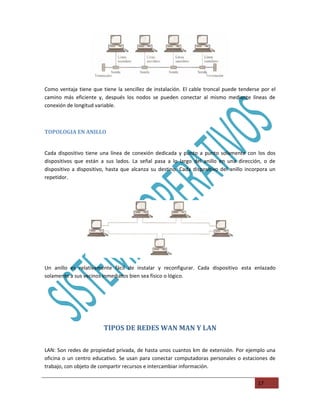 Como ventaja tiene que tiene la sencillez de instalación. El cable troncal puede tenderse por el
camino más eficiente y, después los nodos se pueden conectar al mismo mediante líneas de
conexión de longitud variable.



TOPOLOGIA EN ANILLO


Cada dispositivo tiene una línea de conexión dedicada y punto a punto solamente con los dos
dispositivos que están a sus lados. La señal pasa a lo largo del anillo en una dirección, o de
dispositivo a dispositivo, hasta que alcanza su destino. Cada dispositivo del anillo incorpora un
repetidor.




Un anillo es relativamente fácil de instalar y reconfigurar. Cada dispositivo esta enlazado
solamente a sus vecinos inmediatos bien sea físico o lógico.




                        TIPOS DE REDES WAN MAN Y LAN

LAN: Son redes de propiedad privada, de hasta unos cuantos km de extensión. Por ejemplo una
oficina o un centro educativo. Se usan para conectar computadoras personales o estaciones de
trabajo, con objeto de compartir recursos e intercambiar información.

                                                                                         17
 