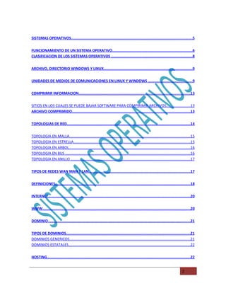 SISTEMAS OPERATIVOS.................................................................................................................5


FUNCIONAMIENTO DE UN SISTEMA OPERATIVO.........................................................................6
CLASIFICACION DE LOS SISTEMAS OPERATIVOS ..........................................................................8


ARCHIVO, DIRECTORIO WINDOWS Y LINUX...................................................................................9


UNIDADES DE MEDIOS DE COMUNICACIONES EN LINUX Y WINDOWS .........................................9


COMPRIMIR INFORMACION........................................................................................................13


SITIOS EN LOS CUALES SE PUEDE BAJAR SOFTWARE PARA COMPIRIMIR ARCHIVOS.......................13
ARCHIVO COMPRIMIDO............................................................................................................13


TOPOLOGIAS DE RED...................................................................................................................14


TOPOLOGIA EN MALLA.....................................................................................................................15
TOPOLOGIA EN ESTRELLA.................................................................................................................15
TOPOLOGIA EN ARBOL.....................................................................................................................16
TOPOLOGIA EN BUS .........................................................................................................................16
TOPOLOGIA EN ANILLO ...................................................................................................................17


TIPOS DE REDES WAN MAN Y LAN...............................................................................................17


DEFINICIONES..............................................................................................................................18


INTERNET....................................................................................................................................20


WWW..........................................................................................................................................20


DOMINIO.....................................................................................................................................21


TIPOS DE DOMINIOS..................................................................................................................21
DOMINIOS GENERICOS.....................................................................................................................21
DOMINIOS ESTATALES......................................................................................................................22


HOSTING.....................................................................................................................................22


                                                                                                                                    2
 