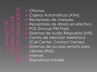 Oficinas.Cajeros Automáticos (ATM).Receptores de cheques.Receptores de dinero en efectivo. POS (incluye PIN Pad).Sistemas de Audio Respuesta (IVR). Centro de atención telefónica (Call Center, Contact Center).Sistemas de acceso remoto para clientes (RAS).Internet.Dispositivos móvilesCanales de Distribución de Servicios Financieros 