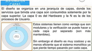 SISTEMA EN
CAPAS
El diseño se organiza en una jerarquía de capas, donde los
servicios que brinda una capa son consumidos solamente por la
capa superior. La capa 0 es del Hardware y la N es la de los
procesos de Usuario.
Estos sistemas tienen como ventaja que son
modulares y la verificación se puede hacer a
cada capa por separado (son más
mantenibles).
Sin embargo el diseño es muy costoso y es
menos eficiente que el sistema monolítico ya
que pierde tiempo pasando por cada capa.
 