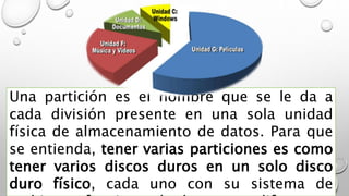 Una partición es el nombre que se le da a
cada división presente en una sola unidad
física de almacenamiento de datos. Para que
se entienda, tener varias particiones es como
tener varios discos duros en un solo disco
duro físico, cada uno con su sistema de
 