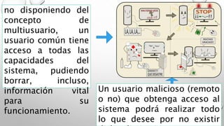 no disponiendo del
concepto de
multiusuario, un
usuario común tiene
acceso a todas las
capacidades del
sistema, pudiendo
borrar, incluso,
información vital
para su
funcionamiento.
Un usuario malicioso (remoto
o no) que obtenga acceso al
sistema podrá realizar todo
lo que desee por no existir
 