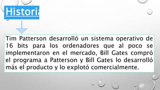Historia
Tim Patterson desarrolló un sistema operativo de
16 bits para los ordenadores que al poco se
implementaron en el mercado, Bill Gates compró
el programa a Patterson y Bill Gates lo desarrolló
más el producto y lo explotó comercialmente.
 
