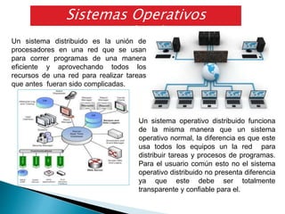Sistemas Operativos
DistribuidosUn sistema distribuido es la unión de
procesadores en una red que se usan
para correr programas de una manera
eficiente y aprovechando todos los
recursos de una red para realizar tareas
que antes fueran sido complicadas.
Un sistema operativo distribuido funciona
de la misma manera que un sistema
operativo normal, la diferencia es que este
usa todos los equipos un la red para
distribuir tareas y procesos de programas.
Para el usuario común esto no el sistema
operativo distribuido no presenta diferencia
ya que este debe ser totalmente
transparente y confiable para el.
 