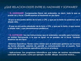 ¿QUE RELACION EXISTE ENTRE EL HADWARE Y SOFWARE?
• EL HARDWARE: Componentes físicos del ordenador, es decir, todo lo que se
puede ver y tocar. Clasificaremos el hardware en dos tipos:
-El que se encuentra dentro de la torre o CPU, y que por lo tanto no podemos ver a
simple vista.
- El que se encuentra alrededor de la torre o CPU, y que por lo tanto, si que vemos
a simple vista, y que denominamos periféricos.
 
• EL SOFTWARE: Son las instrucciones que el ordenador necesita para funcionar,
no existen físicamente, o lo que es igual, no se pueden ver ni tocar. También
tenemos de dos tipos:
-Sistemas Operativos: Tienen como misión que el ordenador gestione sus recursos
de forma eficiente, además de permitir su comunicación con el usuario. Para
saber más de los sistemas operativos pincha en el enlace
                  
- Aplicaciones: Son programas informáticos que tratan de resolver necesidades
concretar del usuario, como por ejemplo: escribir, dibujar, escuchar música,...
 