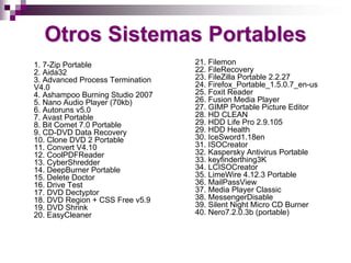 Otros Sistemas Portables
1. 7-Zip Portable                 21. Filemon
2. Aida32                         22. FileRecovery
3. Advanced Process Termination   23. FileZilla Portable 2.2.27
V4.0                              24. Firefox_Portable_1.5.0.7_en-us
4. Ashampoo Burning Studio 2007   25. Foxit Reader
5. Nano Audio Player (70kb)       26. Fusion Media Player
6. Autoruns v5.0                  27. GIMP Portable Picture Editor
7. Avast Portable                 28. HD CLEAN
8. Bit Comet 7.0 Portable         29. HDD Life Pro 2.9.105
9. CD-DVD Data Recovery           29. HDD Health
10. Clone DVD 2 Portable          30. IceSword1.18en
11. Convert V4.10                 31. ISOCreator
12. CoolPDFReader                 32. Kaspersky Antivirus Portable
13. CyberShredder                 33. keyfinderthing3K
14. DeepBurner Portable           34. LCISOCreator
15. Delete Doctor                 35. LimeWire 4.12.3 Portable
16. Drive Test                    36. MailPassView
17. DVD Dectyptor                 37. Media Player Classic
18. DVD Region + CSS Free v5.9    38. MessengerDisable
19. DVD Shrink                    39. Silent Night Micro CD Burner
20. EasyCleaner                   40. Nero7.2.0.3b (portable)
 