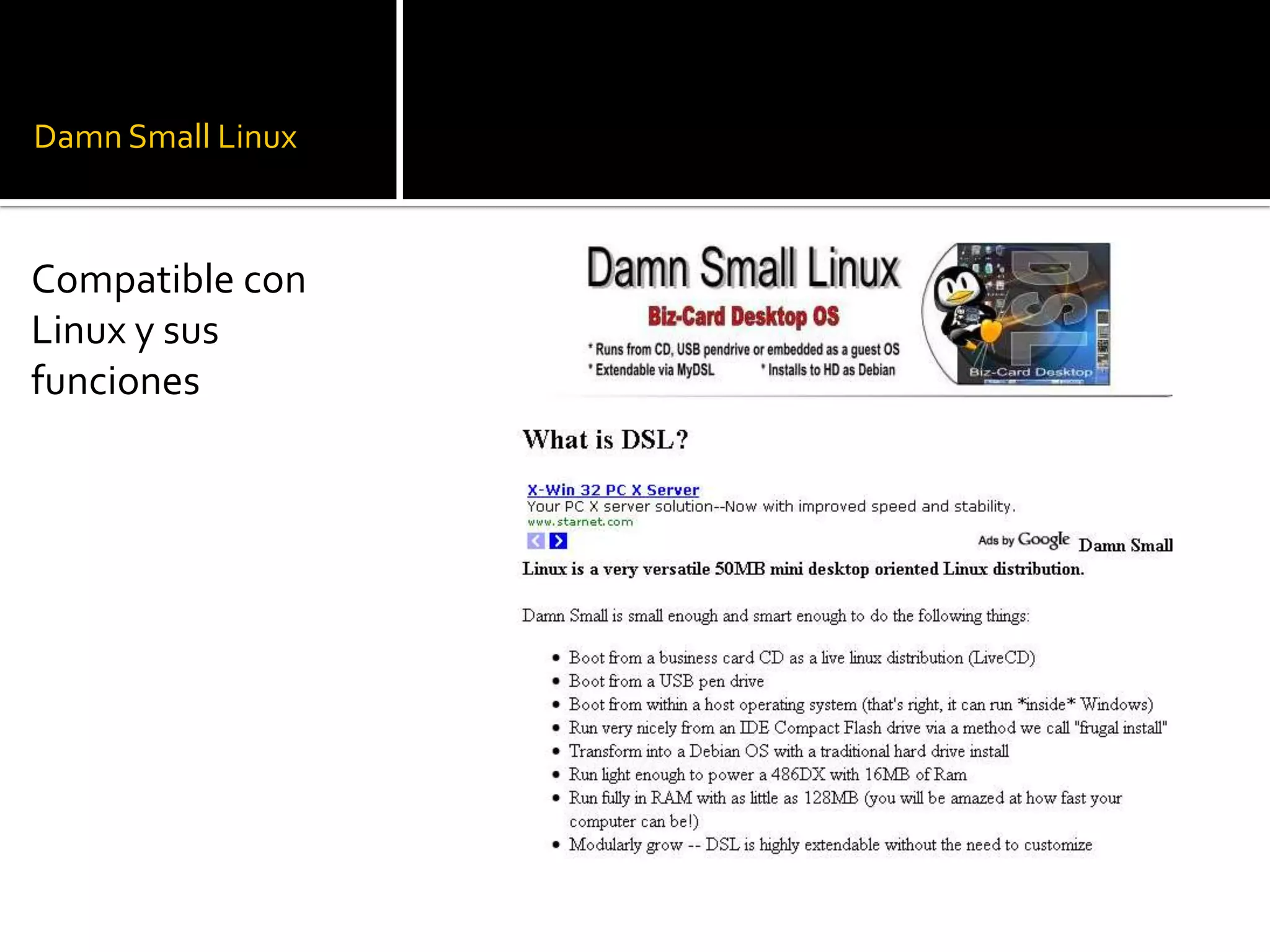 Damn Small LinuxCompatible con Linux y sus funciones