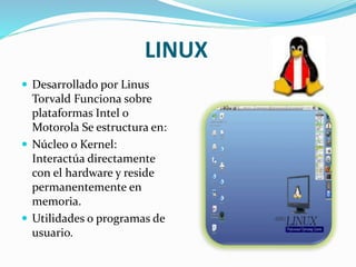 LINUX
 Desarrollado por Linus
Torvald Funciona sobre
plataformas Intel o
Motorola Se estructura en:
 Núcleo o Kernel:
Interactúa directamente
con el hardware y reside
permanentemente en
memoria.
 Utilidades o programas de
usuario.
 