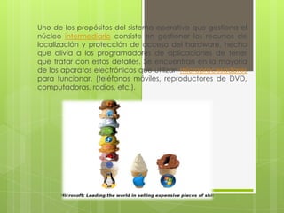 Uno de los propósitos del sistema operativo que gestiona el núcleo intermediario consiste en gestionar los recursos de localización y protección de acceso del hardware, hecho que alivia a los programadores de aplicaciones de tener que tratar con estos detalles. Se encuentran en la mayoría de los aparatos electrónicos que utilizan microprocesadores para funcionar. (teléfonos móviles, reproductores de DVD, computadoras, radios, etc.).