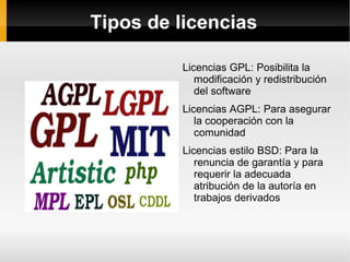Tipos de licencias Licencias GPL: Posibilita la modificación y redistribución del software 