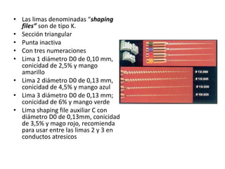 • Las limas denominadas “shaping
files” son de tipo K.
• Sección triangular
• Punta inactiva
• Con tres numeraciones
• Lima 1 diámetro D0 de 0,10 mm,
conicidad de 2,5% y mango
amarillo
• Lima 2 diámetro D0 de 0,13 mm,
conicidad de 4,5% y mango azul
• Lima 3 diámetro D0 de 0,13 mm;
conicidad de 6% y mango verde
• Lima shaping file auxiliar C con
diámetro D0 de 0,13mm, conicidad
de 3,5% y mago rojo, recomienda
para usar entre las limas 2 y 3 en
conductos atresicos
 