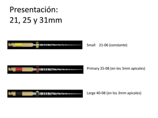 Presentación:
21, 25 y 31mm
Small 21-06 (constante)
Primary 25-08 (en los 3mm apicales)
Large 40-08 (en los 3mm apicales)
 