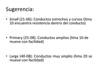 Sugerencia:
• Small (21-06): Conductos estrechos y curvos (lima
10 encuentra resistencia dentro del conducto)
• Primary (25-08): Conductos amplios (lima 10 de
mueve con facilidad)
• Large (40-08): Conductos muy amplio (lima 20 se
mueve con facilidad)
 