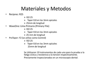 Materiales y Metodos
• Reciproc: R25
» ISO 25
» Taper 0.8 en los 3mm apicales
» 25mm de longitud
• WaveOne: Lima Primaria (Primary File)
» ISO 25
» Taper 0.8 en los 3mm apicales
» 25 mm de longitud
• ProTaper: F2 (se utilizo como Control)
» ISO 25
» Taper 0.8 en los 3mm apicales
25mm de longitud
Se Utilizaron 10 instrumentos de cada uno para la prueba a la
fatiga ciclica y resistencia a la torsion respectivamente.
Previamente inspeccionados en un microscopio dental.
 