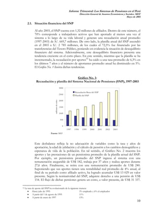 Informe Trimestral: Los Sistemas de Pensiones en el Perú
                                                                             Dirección General de Asuntos Económicos y Sociales- MEF
                                                                                                                        Mayo de 2004

       2.1. Situación financiera del SNP

               Al año 2003, el SNP cuenta con 1,32 millones de afiliados. Dentro de este número, el
               70% corresponde a trabajadores activos que han aportado al menos una vez al
               sistema a lo largo de su vida laboral y generan una recaudación anual promedio
               (1997-2003) de S/. 669,7 millones. De otro lado, la planilla anual del SNP ascendió
               en el 2003 a S/. 2 785 millones, de los cuales el 72,5% fue financiado por las
               transferencias del Tesoro Público, poniendo en evidencia la situación de desequilibrio
               financiero del sistema. Adicionalmente, este desequilibrio financiero presenta una
               tendencia creciente en el corto plazo. En este sentido, mientras que la planilla se ha
               incrementado, la recaudación por aportes12 ha caído a una tasa promedio de 6,3% en
               los últimos 7 años y el número de aportantes promedio anual ha disminuido en 5%.
               El Gráfico No. 1 ilustra dichas tendencias.


                                               Gráfico No. 1:
                Recaudación y planilla del Sistema Nacional de Pensiones (SNP), 1997-2003
                                                        3000

                                                                      Recaudación Bruta del SNP
                                                        2500
                                                                      Planilla del SNP

                                                        2000
                                    millones de soles




                                                        1500

                                                        1000

                                                         500

                                                           0
                                                               1997   1998     1999   2000    2001   2002   2003
                               Fuente: MEF



               Este desbalance refleja la no adecuación de variables como la tasa y años de
               aportación, la edad de jubilación y el cálculo de pensión a los cambios demográficos y
               esperanza de vida de la población. En tal sentido, el Gráfico No. 2 muestra los
               aportes y las prestaciones de un pensionista promedio de la planilla actual del SNP.
               Por ejemplo, un pensionista promedio del SNP ingresa al sistema con una
               remuneración asegurable de US$ 182, trabaja por 37 años y realiza aportes durante
               27,6 años. Finalmente, se retira con una remuneración promedio de US$ 240.
               Suponiendo que sus aportes tienen una rentabilidad real promedio de 4% anual, al
               final de su período como afiliado activo, ha logrado acumular US$ 13 029 en valor
               presente. Según la normatividad del SNP, adquiere derecho a una pensión de US$
               154. El flujo de dichas pensiones genera un costo, a valor presente, de US$ 31 337.

12   La tasa de aporte del SNP ha evolucionado de la siguiente manera:
        •    Hasta julio de 1995                               3% empleado y 6% el empleador
        •    A partir del 1 de agosto de 1995                  11%
        •    A partir de enero de 1997                         13%
                                                                                                                                 10
 