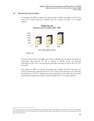 Informe Trimestral: Los Sistemas de Pensiones en el Perú
                                                             Dirección General de Asuntos Económicos y Sociales- MEF
                                                                                                        Mayo de 2004

2.3       Beneficiarios por invalidez

               A diciembre del 2003, el número de pensionistas inválidos ascendió a 2 303, de los
               cuales 92% tenían cobertura, mientras que 8% carecían de ella49. Ver el gráfico
               siguiente:

                                              Gráfico No. 20:
                                     Pensiones por invalidez 2001 - 2003

                         2 500                                                        186
                         2 000
                                                                   122
                         1 500               84
                                                                                     2 117
                         1 000                                    1 600
                                           1 316
                           500
                            -
                                         2001                2002                  2003

                                                  Con Cobertura    Sin Cobertura

                        Fuente: SBS


               El monto de pensión de invalidez que recibe el afiliado está en función del grado de
               menoscabo que presenta. Si éste es parcial, el afiliado recibe una pensión
               equivalente al 50% de su remuneración promedio mensual, el cual se eleva al 70%
               si es total.

               Con relación al 2001, los niveles de pensión de invalidez del 2003 muestran una
               tasa de disminución promedio del 11%. En el caso de las pensiones sin cobertura,
               este descenso es de 17%, mientras que para las pensiones con cobertura, los niveles
               de pensión promedio han caído en menor medida (5%). Ver el gráfico siguiente:




49
   Cabe señalar, que este porcentaje de afiliados no coberturados registra una significativa variación de 121% para el período
2001-2003 pasando de 6% a 8%, mientras que el número de pensionistas coberturados ha crecido en menor proporción (60%)
para el mismo período.
                                                                                                                          49
 