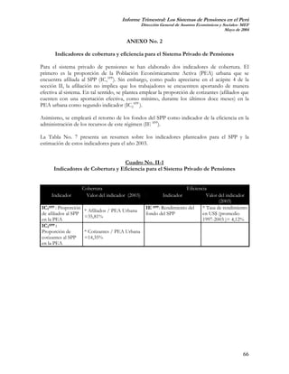 Informe Trimestral: Los Sistemas de Pensiones en el Perú
                                                    Dirección General de Asuntos Económicos y Sociales- MEF
                                                                                               Mayo de 2004

                                          ANEXO No. 2

      Indicadores de cobertura y eficiencia para el Sistema Privado de Pensiones

Para el sistema privado de pensiones se han elaborado dos indicadores de cobertura. El
primero es la proporción de la Población Económicamente Activa (PEA) urbana que se
encuentra afiliada al SPP (IC1SPP). Sin embargo, como pudo apreciarse en el acápite 4 de la
sección II, la afiliación no implica que los trabajadores se encuentren aportando de manera
efectiva al sistema. En tal sentido, se plantea emplear la proporción de cotizantes (afiliados que
cuenten con una aportación efectiva, como mínimo, durante los últimos doce meses) en la
PEA urbana como segundo indicador (IC2SPP ).

Asimismo, se empleará el retorno de los fondos del SPP como indicador de la eficiencia en la
administración de los recursos de este régimen (IE SPP).

La Tabla No. 7 presenta un resumen sobre los indicadores planteados para el SPP y la
estimación de estos indicadores para el año 2003.


                                  Cuadro No. II-1
      Indicadores de Cobertura y Eficiencia para el Sistema Privado de Pensiones


                      Cobertura                                          Eficiencia
     Indicador         Valor del indicador (2003)              Indicador           Valor del indicador
                                                                                         (2003)
IC1SPP : Proporción                                   IE SPP: Rendimiento del    * Tasa de rendimiento
                       * Afiliados / PEA Urbana
de afiliados al SPP                                   fondo del SPP              en US$ (promedio
                       =35,81%
en la PEA                                                                        1997-2003 )= 4,12%
IC2SPP :
Proporción de          * Cotizantes / PEA Urbana
cotizantes al SPP      =14,35%
en la PEA




                                                                                                        66
 