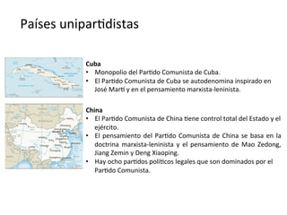 Países	
  unipar,distas	
  
Cuba	
  
•  Monopolio	
  del	
  Par,do	
  Comunista	
  de	
  Cuba.	
  
•  El	
  Par,do	
  Comunista	
  de	
  Cuba	
  se	
  autodenomina	
  inspirado	
  en	
  
José	
  Marf	
  y	
  en	
  el	
  pensamiento	
  marxista-­‐leninista.	
  
China	
  
•  El	
  Par,do	
  Comunista	
  de	
  China	
  ,ene	
  control	
  total	
  del	
  Estado	
  y	
  el	
  
ejército.	
  
•  El	
  pensamiento	
  del	
  Par,do	
  Comunista	
  de	
  China	
  se	
  basa	
  en	
  la	
  
doctrina	
   marxista-­‐leninista	
   y	
   el	
   pensamiento	
   de	
   Mao	
   Zedong,	
  
Jiang	
  Zemin	
  y	
  Deng	
  Xiaoping.	
  
•  Hay	
  ocho	
  par,dos	
  polí,cos	
  legales	
  que	
  son	
  dominados	
  por	
  el	
  
Par,do	
  Comunista.	
  
 