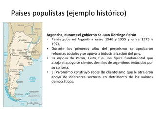 Países	
  populistas	
  (ejemplo	
  histórico)	
  
ArgenPna,	
  durante	
  el	
  gobierno	
  de	
  Juan	
  Domingo	
  Perón	
  
•  Perón	
   gobernó	
   Argen,na	
   entre	
   1946	
   y	
   1955	
   y	
   entre	
   1973	
   y	
  
1974.	
  	
  
•  Durante	
   los	
   primeros	
   años	
   del	
   peronismo	
   se	
   aprobaron	
  
reformas	
  sociales	
  y	
  se	
  apoyo	
  la	
  industrialización	
  del	
  país.	
  
•  La	
   esposa	
   de	
   Perón,	
   Evita,	
   fue	
   una	
   ﬁgura	
   fundamental	
   que	
  
atrajo	
  el	
  apoyo	
  de	
  cientos	
  de	
  miles	
  de	
  argen,nos	
  seducidos	
  por	
  
su	
  carisma.	
  
•  El	
  Peronismo	
  construyó	
  redes	
  de	
  clientelismo	
  que	
  le	
  atrajeron	
  
apoyo	
   de	
   diferentes	
   sectores	
   en	
   detrimento	
   de	
   los	
   valores	
  
democrá,cos.	
  
 