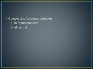 • Cumple dos funciones centrales:
1) la representación
2) el control
 