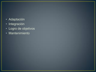 • Adaptación
• Integración
• Logro de objetivos
• Mantenimiento
 