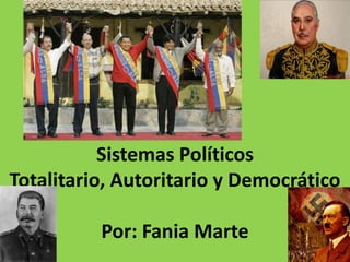 Sistemas Políticos
Totalitario, Autoritario y Democrático

          Por: Fania Marte
 