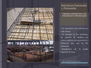 Estructuras Postensadas
y Pretensadas
.-Se introducen los torones en
cada ducto.
.-Se instalan en los extremos,
las cajuelas de madera, así
como también los accesorios y
refuerzos que van en los
extremos.
.-Instalación de la malla
superior de losa.
PROCESO CONTRUCTIVO DE
POSTENSADOY PRETENSADOS
Por: Alfredo Peralta Aniceto
 