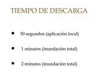 TIEMPO DE DESCARGA
 30 segundos (aplicación local)
 1 minutos (inundación total)
 2 minutos (inundación total)
 