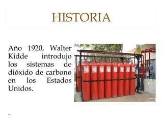 HISTORIA
Año 1920, Walter
Kidde introdujo
los sistemas de
dióxido de carbono
en los Estados
Unidos.
.
 