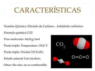 CARACTERÍSTICAS
Nombre Químico :Dióxido de Carbono - Anhídrido carbónico
Fórmula química CO2
Peso molecular: 44,01g/mol
Punto triple: Temperatura -55,6º C
Punto triple: Presión 517,8 kPa
Estado natural: Gas incoloro.
Otros: Sin olor, no es combustible
 
